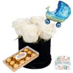 Box Caja 4 Rosas Blancas + Bombones Ferrero + Globo Metalizado