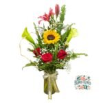 Florero de Rosas + Calas+ Lirios+ Girasol y Bombón