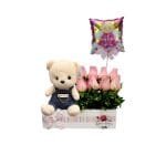 Arreglo 8 Rosas Rosadas + Peluche + Globo