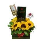 Box Caja 6 Girasoles + Botella Whisky + Bombones Ferrero