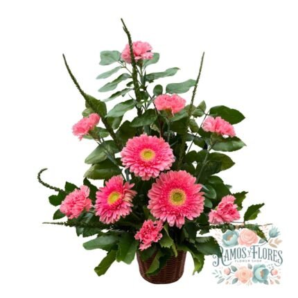 Arreglo en Cesta De Gerberas + Claveles en Tono Rosa