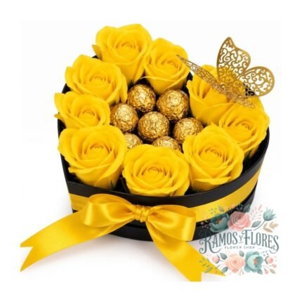 Box Corazón de 7 Rosas Eternas de Jabón Amarillas + 6 Bombones