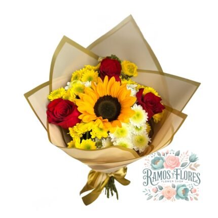 Ramo Primaveral 3 Rosas + Girasol + Flores de Temporada