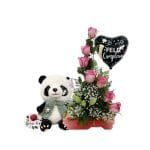 Arreglo 8 Rosas Rosadas + Lirio + Peluche + Globo