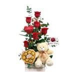 Arreglo 6 Rosas + Bombones Ferrero + Peluche