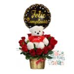 Arreglo 12 Rosas Rojas + Peluche + Globo