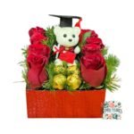 Box Cuadrado 8 Rosas Naturales + Bombones + Oso Grado