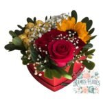 Box Corazón 4 Rosas + 1 Girasol + Ilusión + Bombones