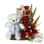 Arreglo 10 Rosas Rojas + Peluche + Bombones Ferrero