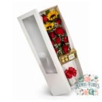 Caja 10 Rosas Rojas + 2 Girasoles + Bombones Ferrero