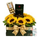 Box Caja 6 Girasoles + Botella Whisky + Bombones Ferrero
