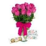 Florero 10 Rosas Rosadas + Bombones Ferrero