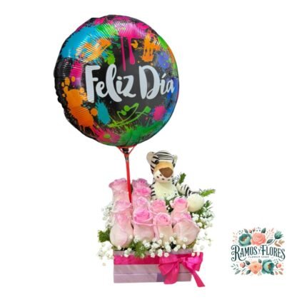 Box Cuadrado 12 Rosas + Peluche + Globo