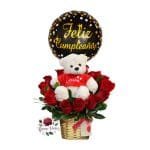 Arreglo 12 Rosas Rojas + Peluche + Globo