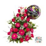 Arreglo 12 Rosas Fucsias + 7 Gerberas Fucsias + Lirios