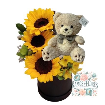 Arreglo 3 Girasoles + Flores de Temporada + Peluche